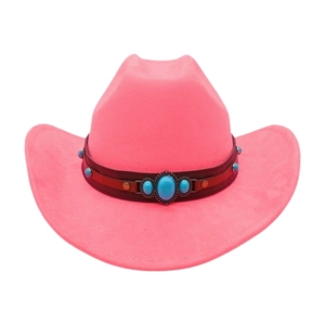 Detail view of pink felt cowboy hat featuring a tribal band with turquoise gemstones