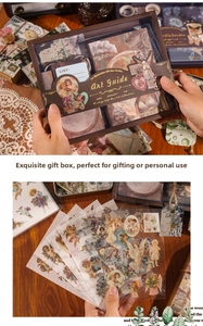 Detail view of a vintage art sticker gift set featuring classical angel and nature motifs