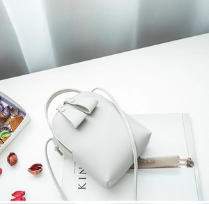 Light gray mini crossbody bag with double bow decoration on white magazine background