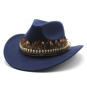 Navy blue wool fedora with brown feather trim and silver skull charms detail