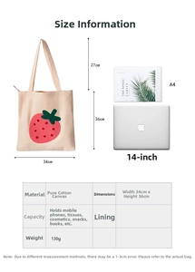 Detailed size chart for cotton canvas tote bag with 34x36cm dimensions and measurements