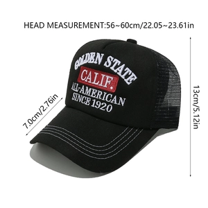 Detail view of black trucker hat with embroidery and dimensions 56-60cm head circumference