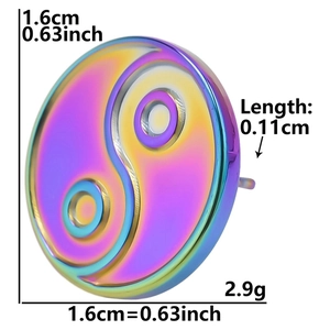 Macro side view of rainbow gradient stainless steel tai chi earring with product dimensions