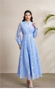 Détails de la robe en dentelle bleu clair avec broderie, col montant et boutons
