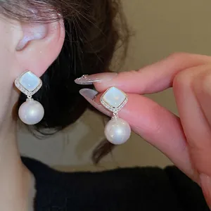 Elegant square shell and large round pearl drop earrings with zircon accents for women