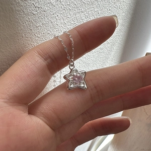 S925 Sterling Silver Star Pendant Necklace For Women Pink Zirconia Simple Minimalist Starry Clavicle Chain Jewelry Gift