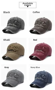 Six colors of vintage washed cotton baseball caps with NYC embroidery and urban lettering