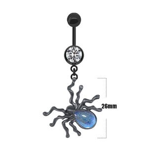 Gothic black spider belly button ring with blue opal and clear cubic zirconia 26mm