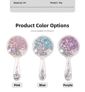 Detailed product specs of mini sequin hair brushes in pink, blue, and purple colors