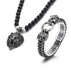 Vintage stainless steel lion head pendant necklace and braided metal bracelet set for men