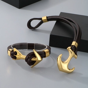 Vintage punk brown leather braided bracelet with gold anchor and arrow pendants for men