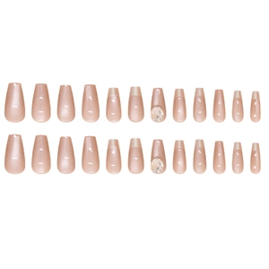 24pcs pearl nude pink cat eye press on nails in long coffin shape with round rhinestones
