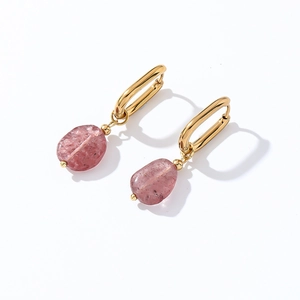 Elegant gold oval hoop earrings with irregular pink natural stone pendants for women
