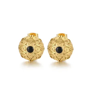 French style 18k gold plated hollow round earrings with black center and cloud patterns