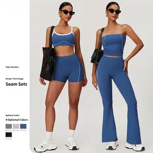 Women High Waist Yoga Set Top And Bottom Contrast Stitching Sports Bra Leggings Shorts Breathable Running Athletic Wear