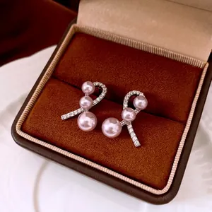 Pink Faux Artificial Pearl Bow Stud Earrings With 925 Sterling Silver Earring Post Copper Zircon Inlaid Elegant Luxury Jewelry For Women