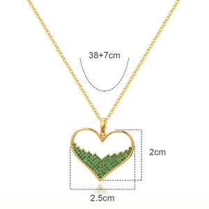18K gold plated heart necklace with emerald green crystals and 38+7cm chain