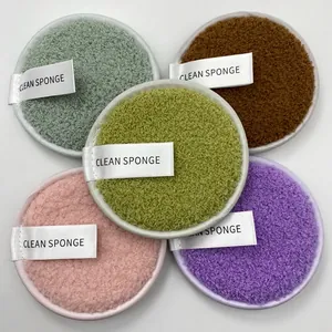 Five-piece reusable double-sided velvet face cleansing puffs in assorted pastel colors