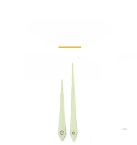 Close-up of mint green fluorescent wall clock hands with mounting holes on white background