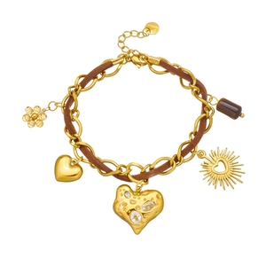 Gold stainless steel chain bracelet with heart pendants, flowers, and tiger eye stone
