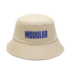 Cappello bucket in tela beige con scritta MODULAR blu, elegante cappello da sole per esterno