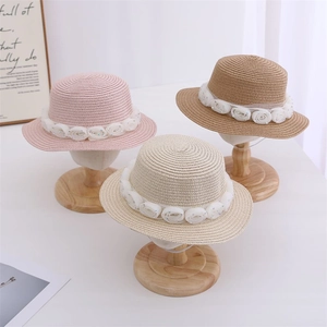 Kids lace rose straw hat set in pink, cream and khaki colors with floral trim