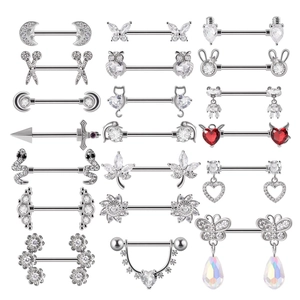 Stainless Steel Nipple Rings Studs Barbell Piercing Zircon Flower Snake Scissor Moon Heart Animal Body Jewelry