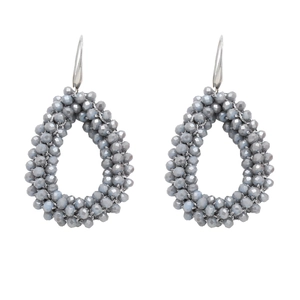 Bohemian handmade teardrop beaded earrings with grey multifaceted beads and silver hooks