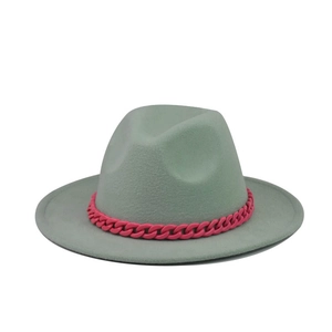 Flat top mint green wool fedora hat featuring a chunky vibrant pink chain decoration