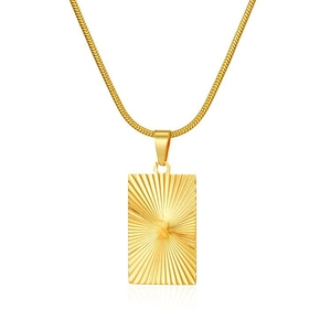 Detailed view of gold stainless steel necklace featuring a sunburst etched rectangular pendant