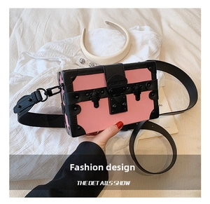 Detail of pink and black contrast box bag with metal rivets and brand logo buckle