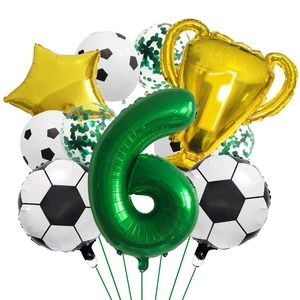 Soccer party balloon set with green gold trophy and number 6 for birthday decorations