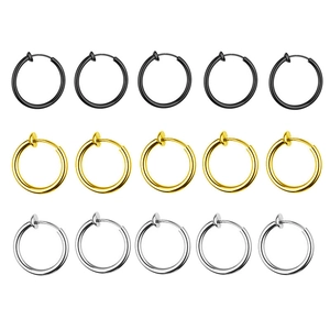 Matrix layout of 15 pieces clip-on hoop earrings in black, gold and silver steel