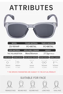 Infographic showing polarized sunglasses dimensions and technical specifications in detail