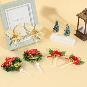 Christmas Cake Topper Decorations Mini Christmas Tree Wreath Holly Leaf With Bell Plastic Fabric Holiday Party Baking