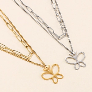 Modern double layer paperclip chain necklace with hollow butterfly pendant in gold and silver