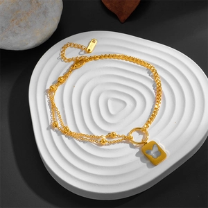 Gold-plated stainless steel double-layer necklace with square white shell butterfly pendant
