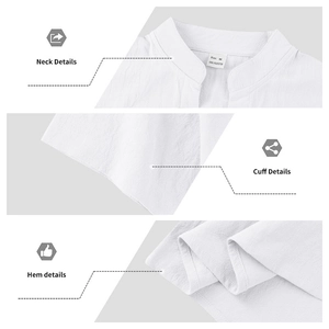 Detail shots of modern white casual linen shirt showing collar, cuffs and hem textures