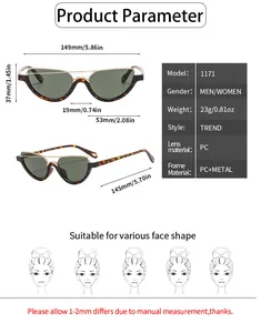 Detailed size chart for semi-rimless sunglasses showing frame and lens dimensions