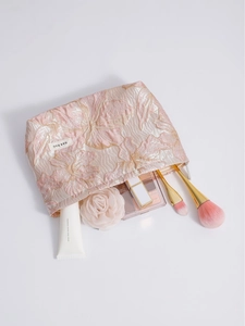 Floral jacquard makeup bag with gold zipper and large capacity for travel storage