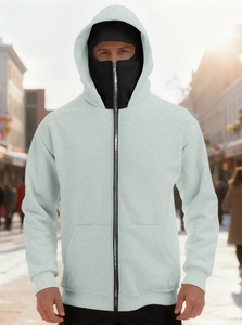 Detail of hooded men's fleece jacket featuring a full zipper with integrated face shield