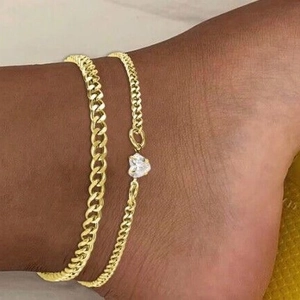 Layered Stainless Steel Anklets Heart Zircon Pendant Cuban Chain Fashion Foot Jewelry For Women Summer Beach Accessory