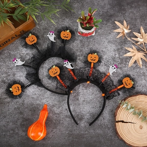 Kids Halloween Headband Glitter Mesh Pumpkin Ghost Spider Web Holiday Hair Accessories Plastic Resin