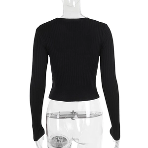 Rear view of black slim-fit ribbed knit long sleeve sweater on a clear torso mannequin