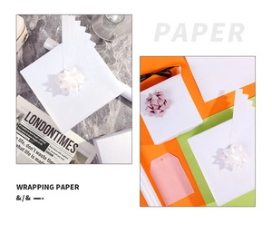 Detailed set of premium white iridescent wrapping paper with decorative bows and gift tags