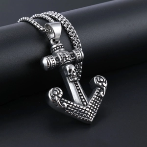 Vintage stainless steel skull anchor pendant necklace in antique silver finish for men