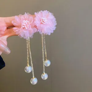 Silver needle pink mesh flower earrings with long diamond tassel and white pearls