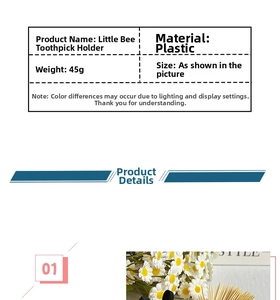 Détail du porte-cure-dents abeille avec spécifications du produit et poids de 45g