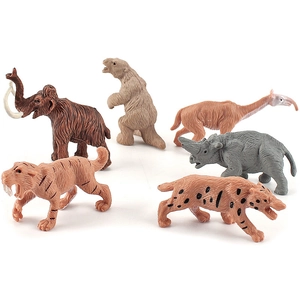 6-piece prehistoric animal model set featuring mammoth, saber-toothed tiger, and woolly rhino