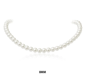 Close-up of 8mm round white glass pearl necklace with high-gloss finish and smooth texture